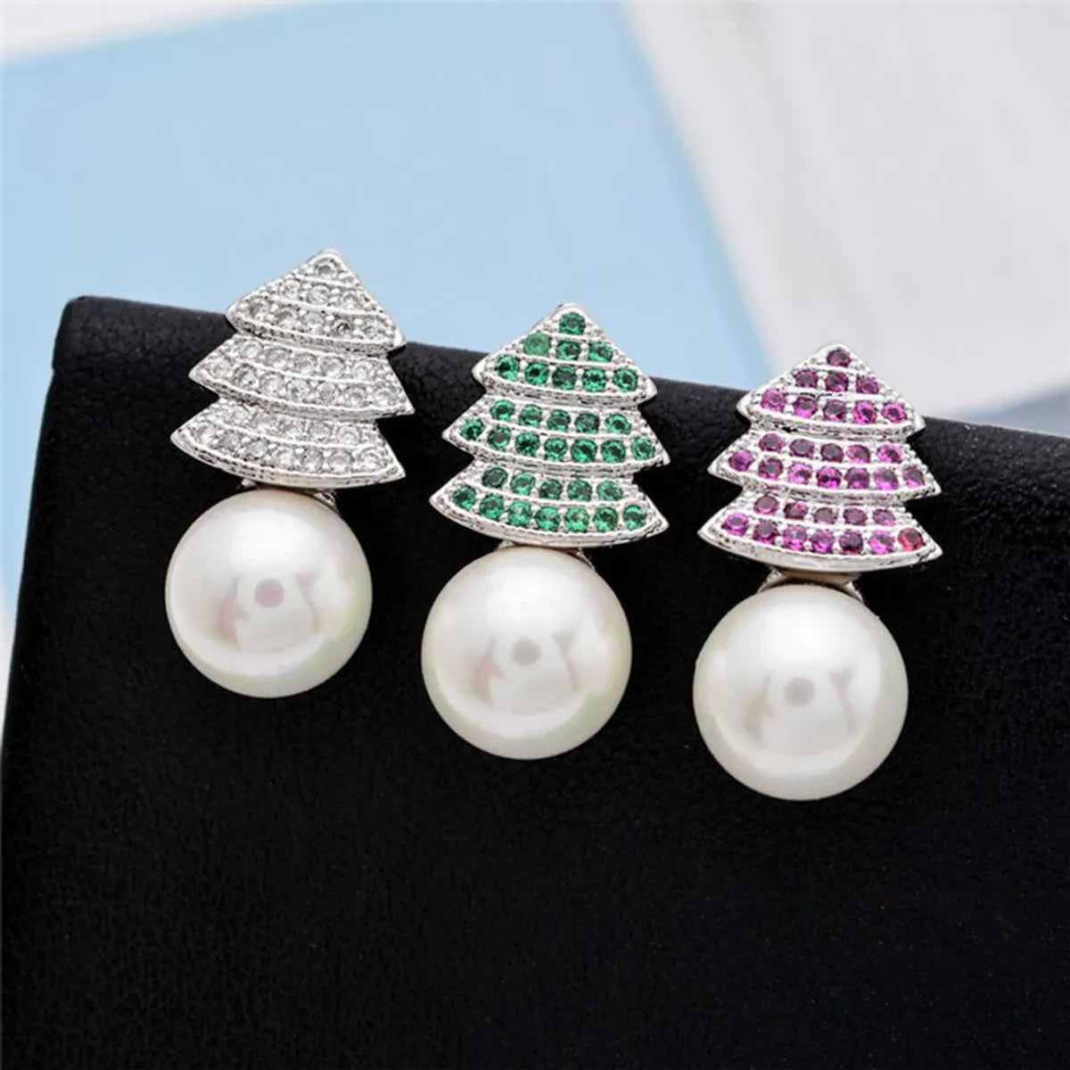 1 Pair Korean Style Tree Plating Inlay Copper Artificial Pearls Zircon White Gold Plated Ear Studs