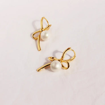 1 Pair Lady Bow Knot Plating Imitation Pearl Brass Ear Studs