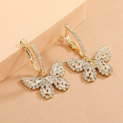 1 Pair Lady Butterfly Metal Inlay Rhinestones Zircon Women's Drop Earrings