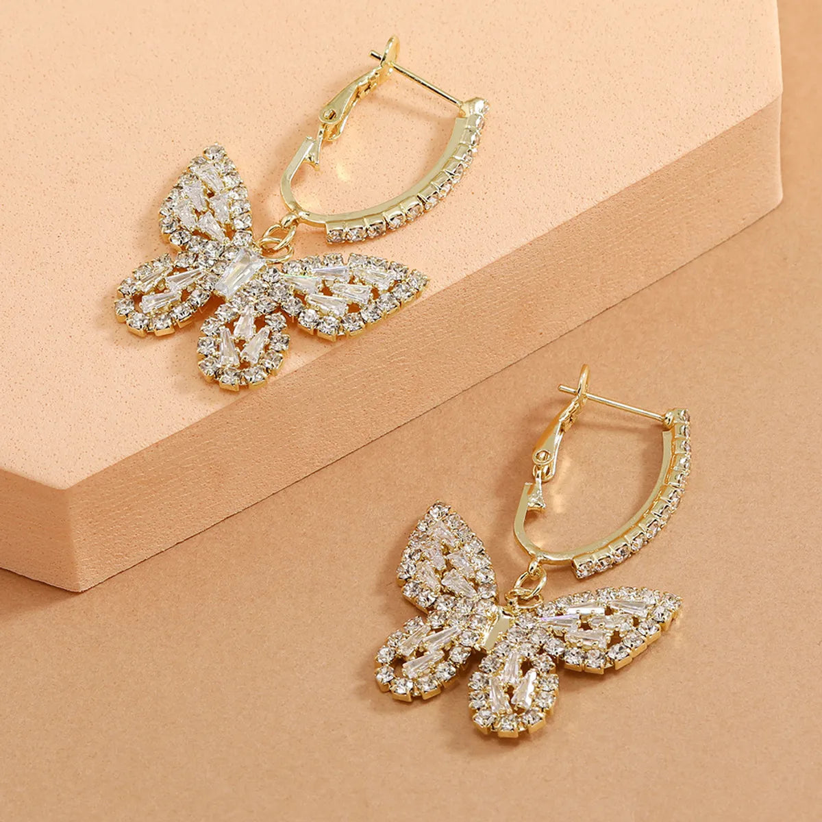 1 Pair Lady Butterfly Metal Inlay Rhinestones Zircon Women's Drop Earrings