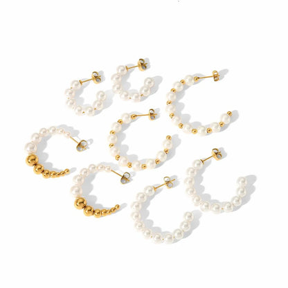 1 Pair Lady C Shape Beaded Inlay Stainless Steel Artificial Pearls 18k Gold Plated Earrings