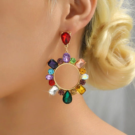 1 Pair Lady Circle Rhinestone Inlay Artificial Gemstones Women'S Drop Earrings