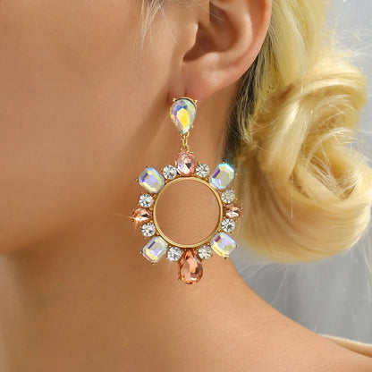 1 Pair Lady Circle Rhinestone Inlay Artificial Gemstones Women'S Drop Earrings