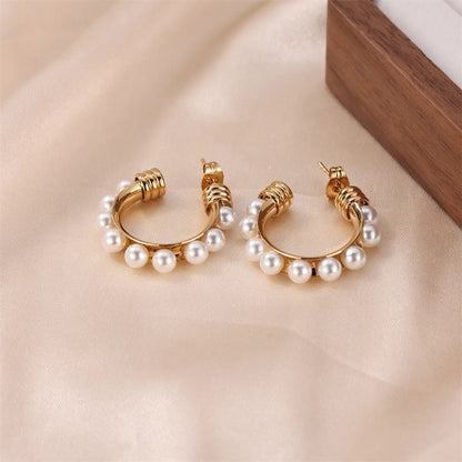 1 Pair Lady Classic Style Geometric Plating Inlay Stainless Steel Pearl Gold Plated Ear Studs