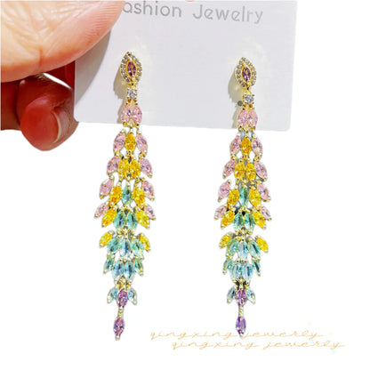 1 Pair Lady Classic Style Leaf Rhombus Tassel Inlay Copper Zircon Drop Earrings