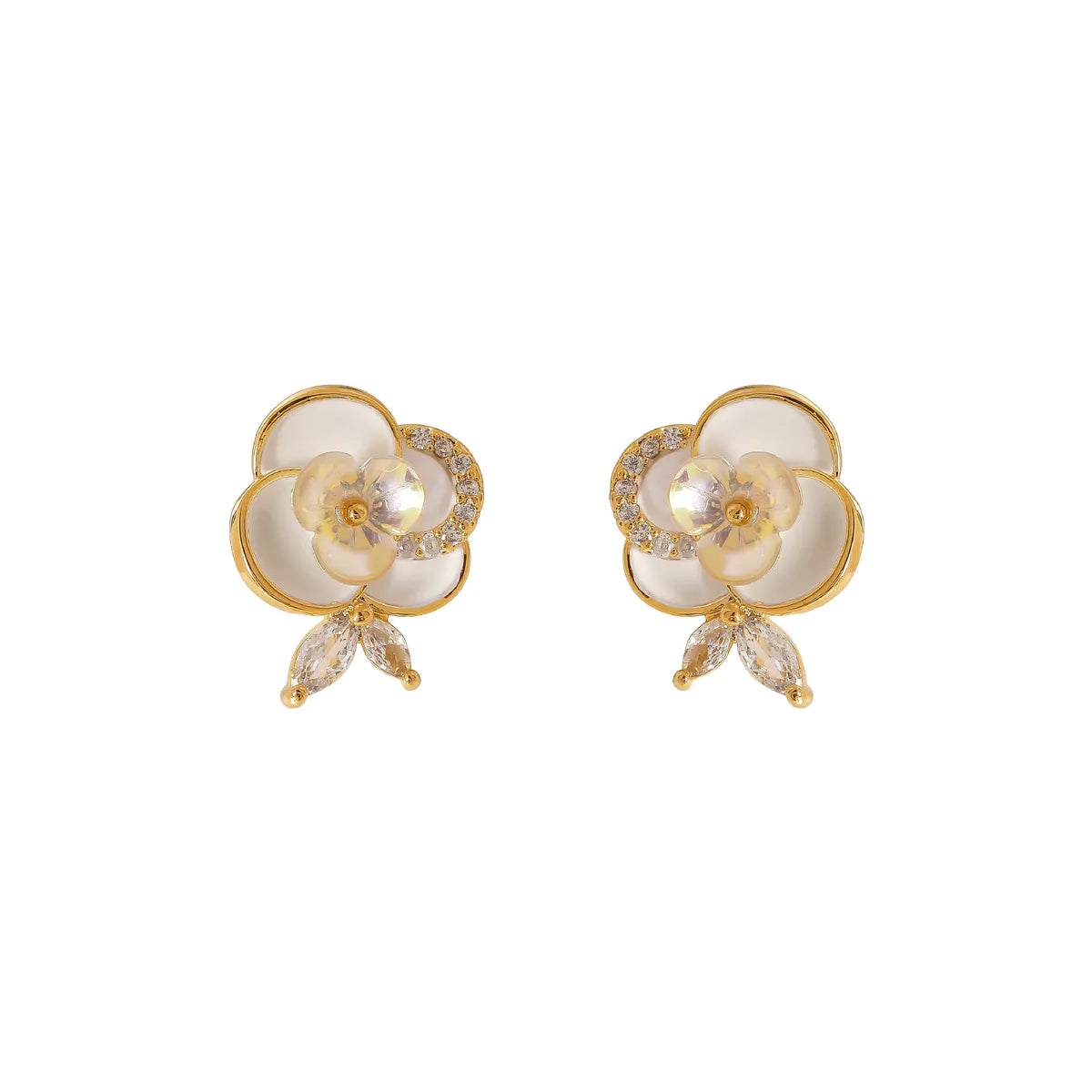 1 Pair Lady Commute Flower Inlay Copper Zircon 18K Gold Plated Ear Studs