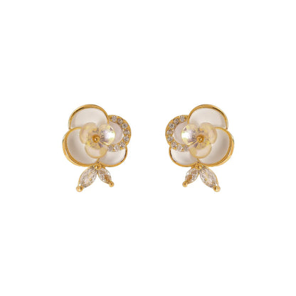 1 Pair Lady Commute Flower Inlay Copper Zircon 18K Gold Plated Ear Studs