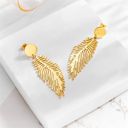 1 Pair Lady Feather Plating Titanium Steel Drop Earrings