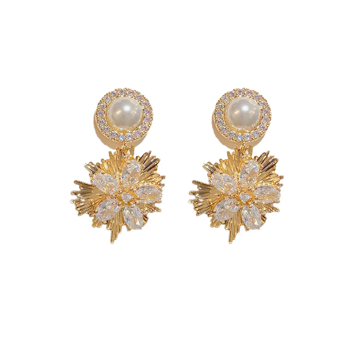 1 Pair Lady Flower Plating Inlay Artificial Pearl Copper Zircon Drop Earrings