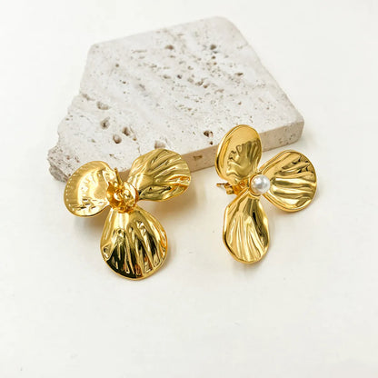 1 Pair Lady Flower Plating Inlay Stainless Steel Pearl Gold Plated Ear Studs