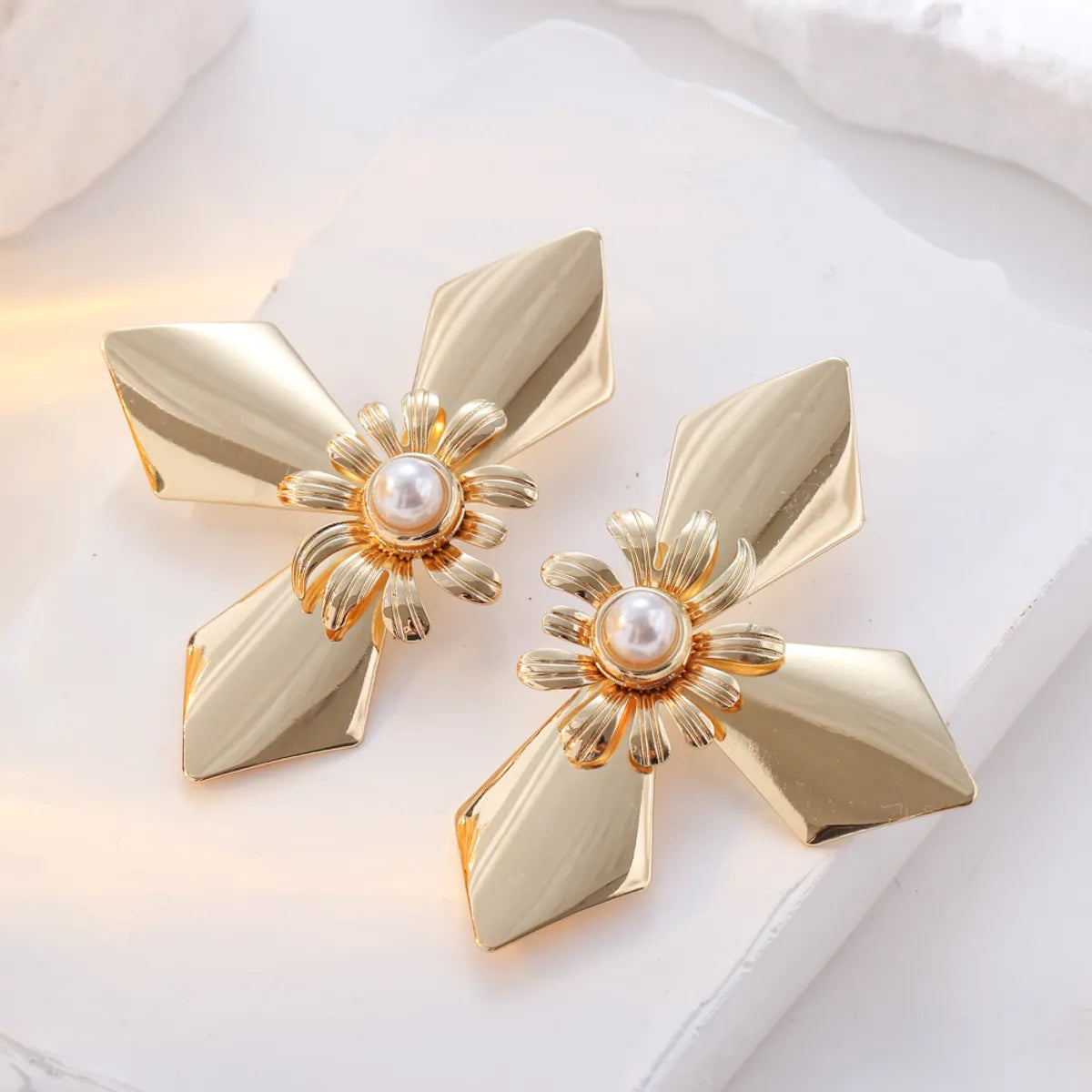 1 Pair Lady Flower Plating Metal Drop Earrings