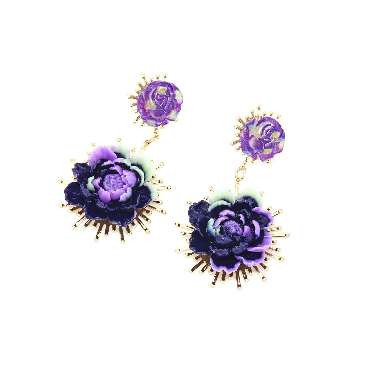 1 Pair Lady Flower Resin Metal Drop Earrings