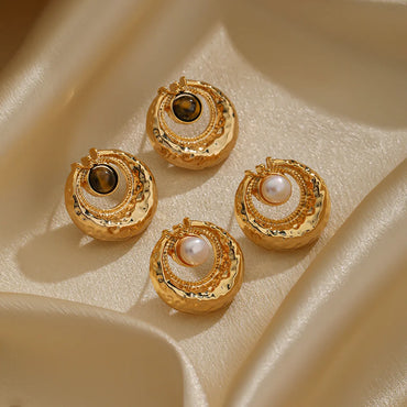 1 Pair Lady Geometric Plating Inlay Copper Natural Stone Freshwater Pearl 18k Gold Plated Ear Studs