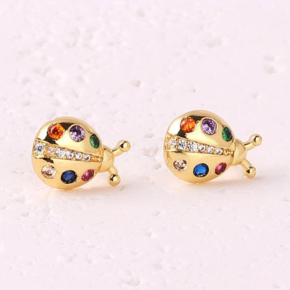 1 Pair Lady Insect Copper Plating Inlay Zircon Gold Plated Earrings