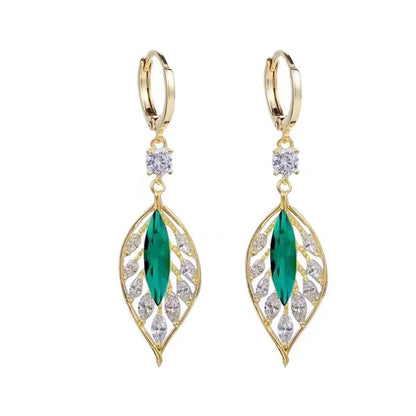 1 Pair Lady Leaf Inlay Alloy Zircon Drop Earrings