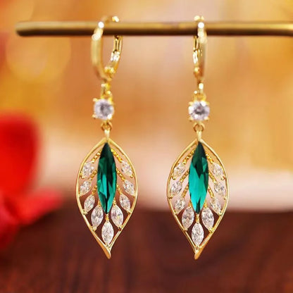 1 Pair Lady Leaf Inlay Alloy Zircon Drop Earrings