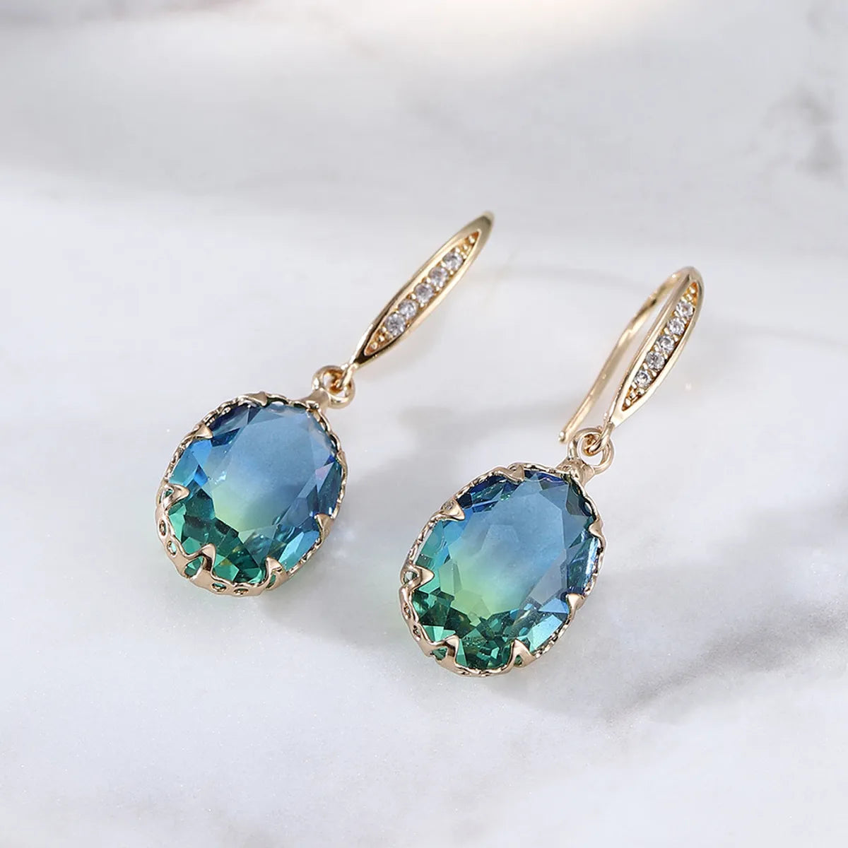 1 Pair Lady Oval Inlay Copper Zircon Drop Earrings