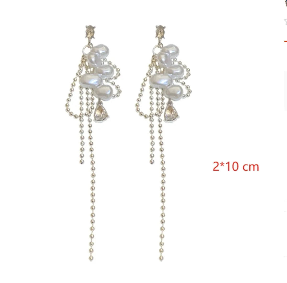 1 Pair Lady Pearl Tassel Copper Drop Earrings