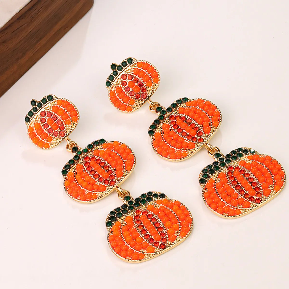 1 Pair Lady Pumpkin Plating Alloy Artificial Diamond Seed Bead Drop Earrings