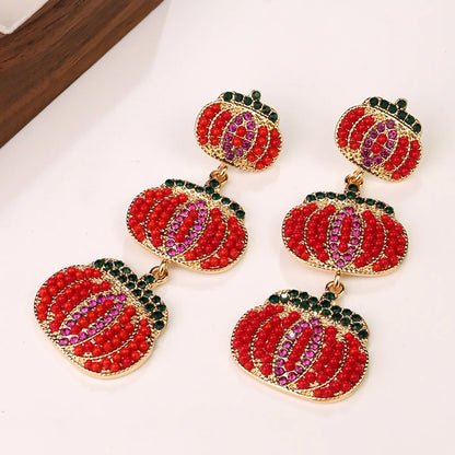 1 Pair Lady Pumpkin Plating Alloy Artificial Diamond Seed Bead Drop Earrings