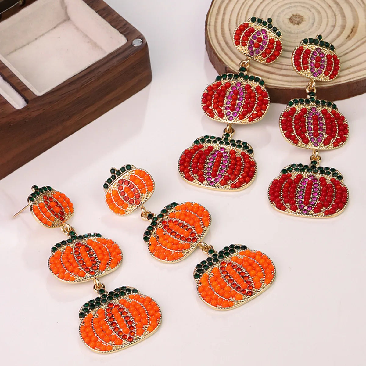 1 Pair Lady Pumpkin Plating Alloy Artificial Diamond Seed Bead Drop Earrings