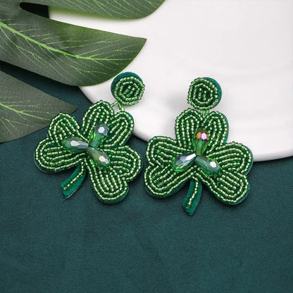 1 Pair Lady Shamrock Tassel Inlay Plastic Cloth Rhinestones Drop Earrings