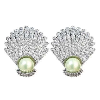 1 Pair Lady Shell Plating Inlay Copper Artificial Pearls Zircon White Gold Plated Ear Studs