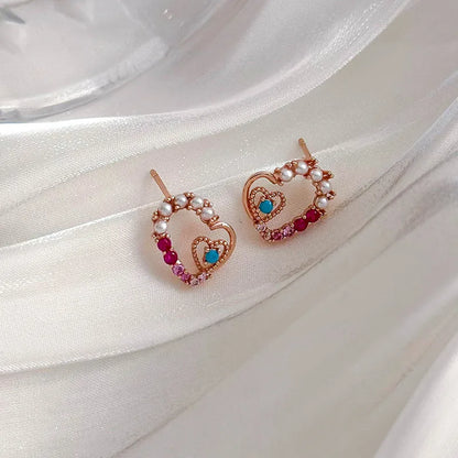 1 Pair Lady Simple Style Classic Style Heart Shape Inlay Copper Artificial Pearls Zircon Ear Studs