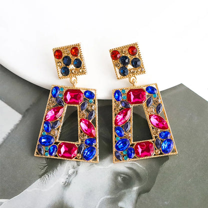 1 Pair Lady Square Inlay Alloy Rhinestones Drop Earrings