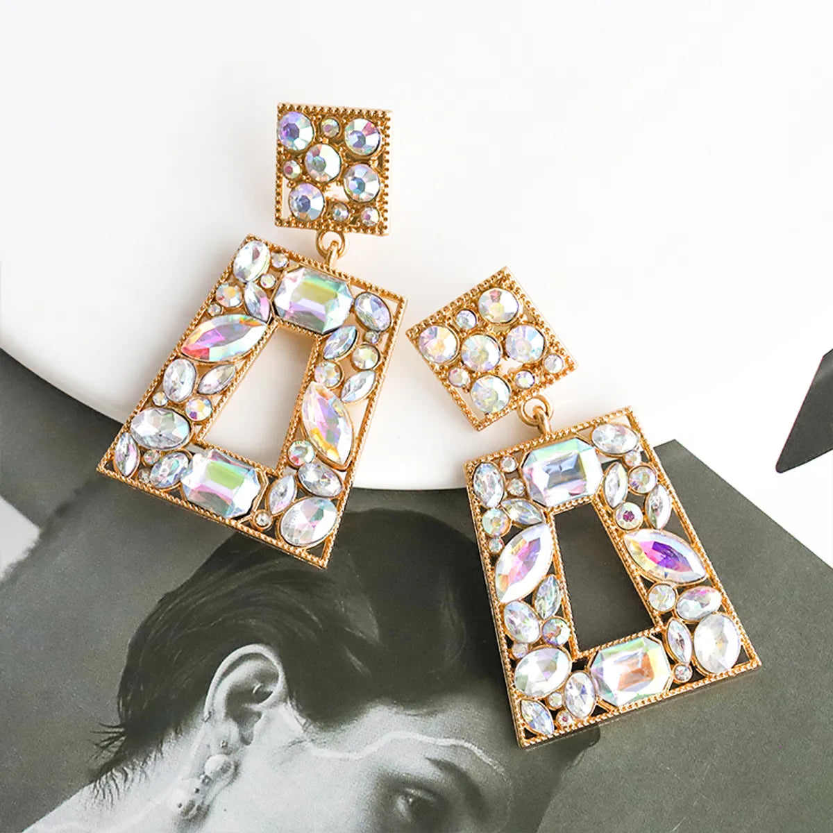 1 Pair Lady Square Inlay Alloy Rhinestones Drop Earrings