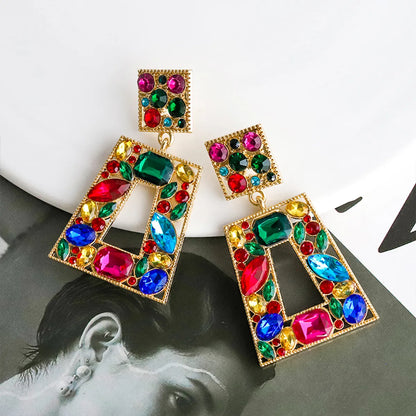 1 Pair Lady Square Inlay Alloy Rhinestones Drop Earrings