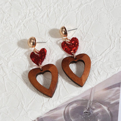 1 Pair Lady Streetwear Heart Shape Wood Drop Earrings