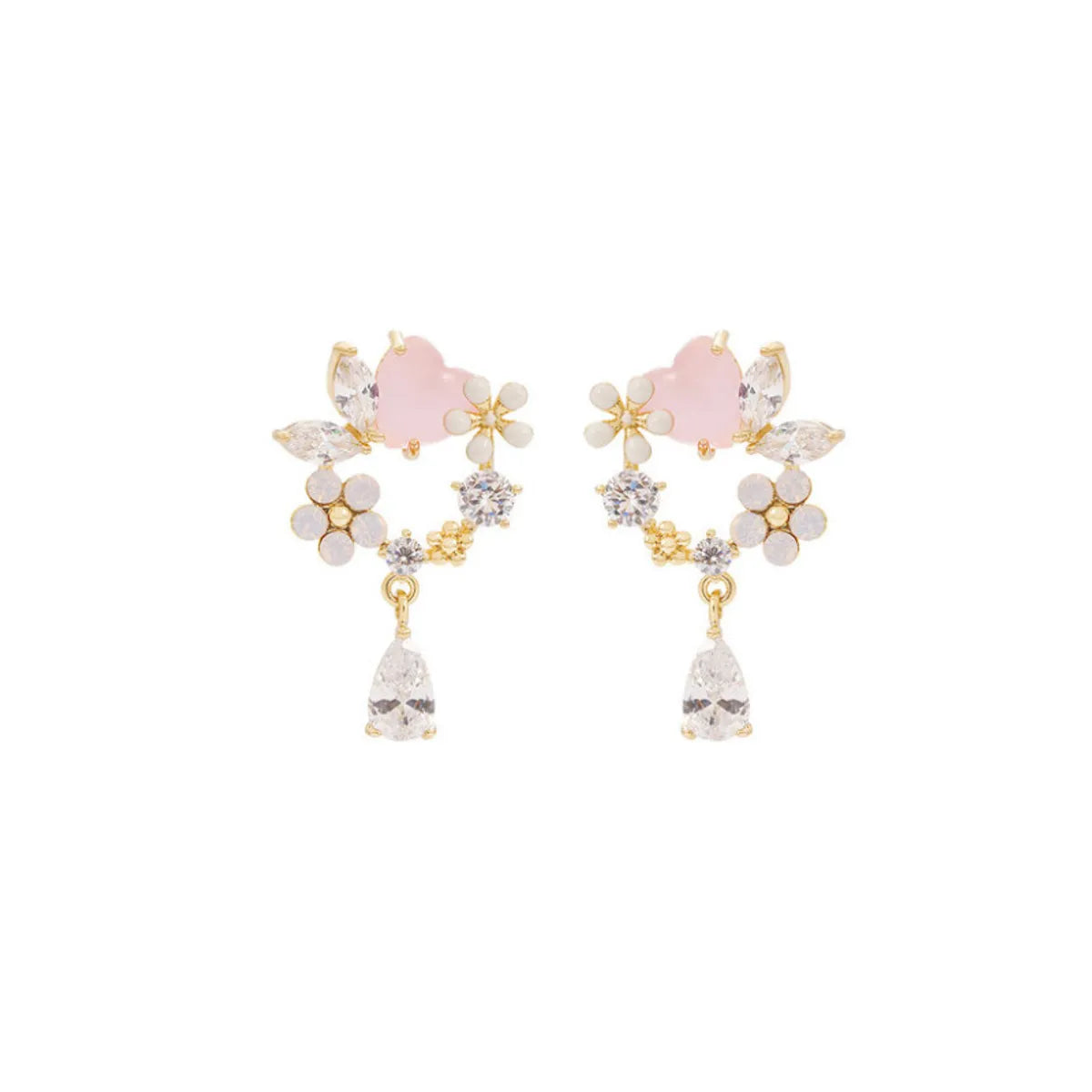 1 Pair Lady Sweet Moon Flower Bow Knot Inlay Imitation Pearl Alloy Rhinestones Opal Drop Earrings