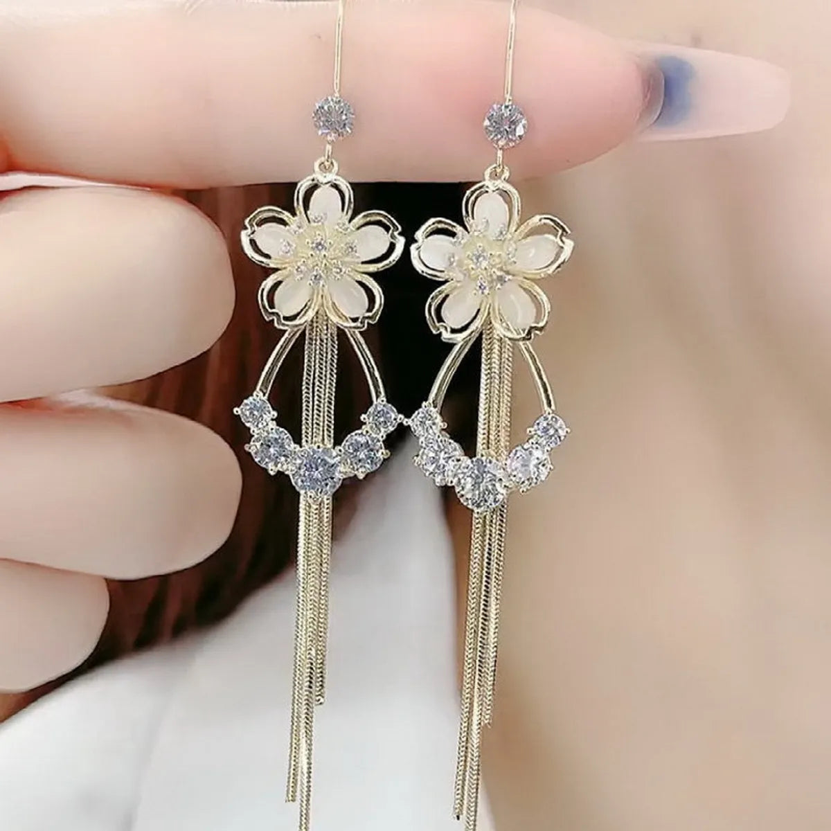 1 Pair Lady Sweet Moon Flower Bow Knot Inlay Imitation Pearl Alloy Rhinestones Opal Drop Earrings