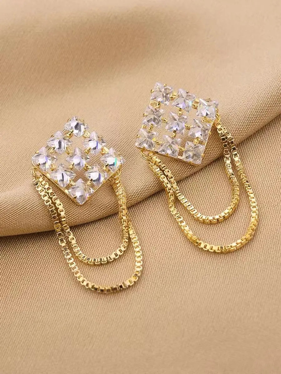 1 Pair Lady Tassel Rhombus Inlay Copper Artificial Diamond Drop Earrings