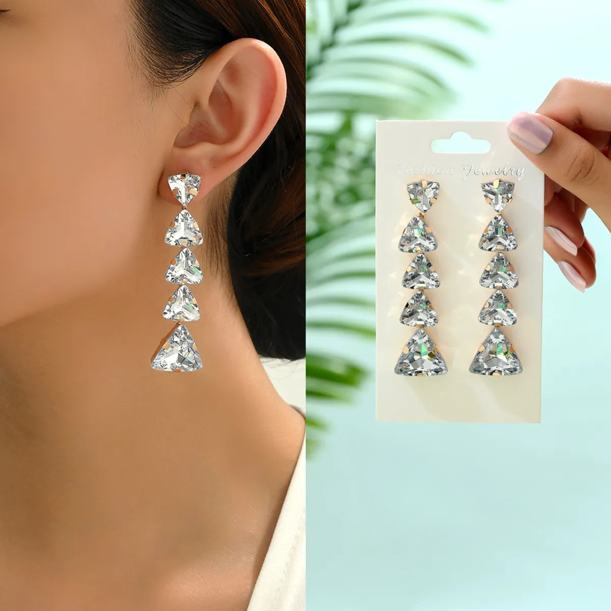 1 Pair Lady Triangle Rhinestone Tassel Women's Drop Earrings