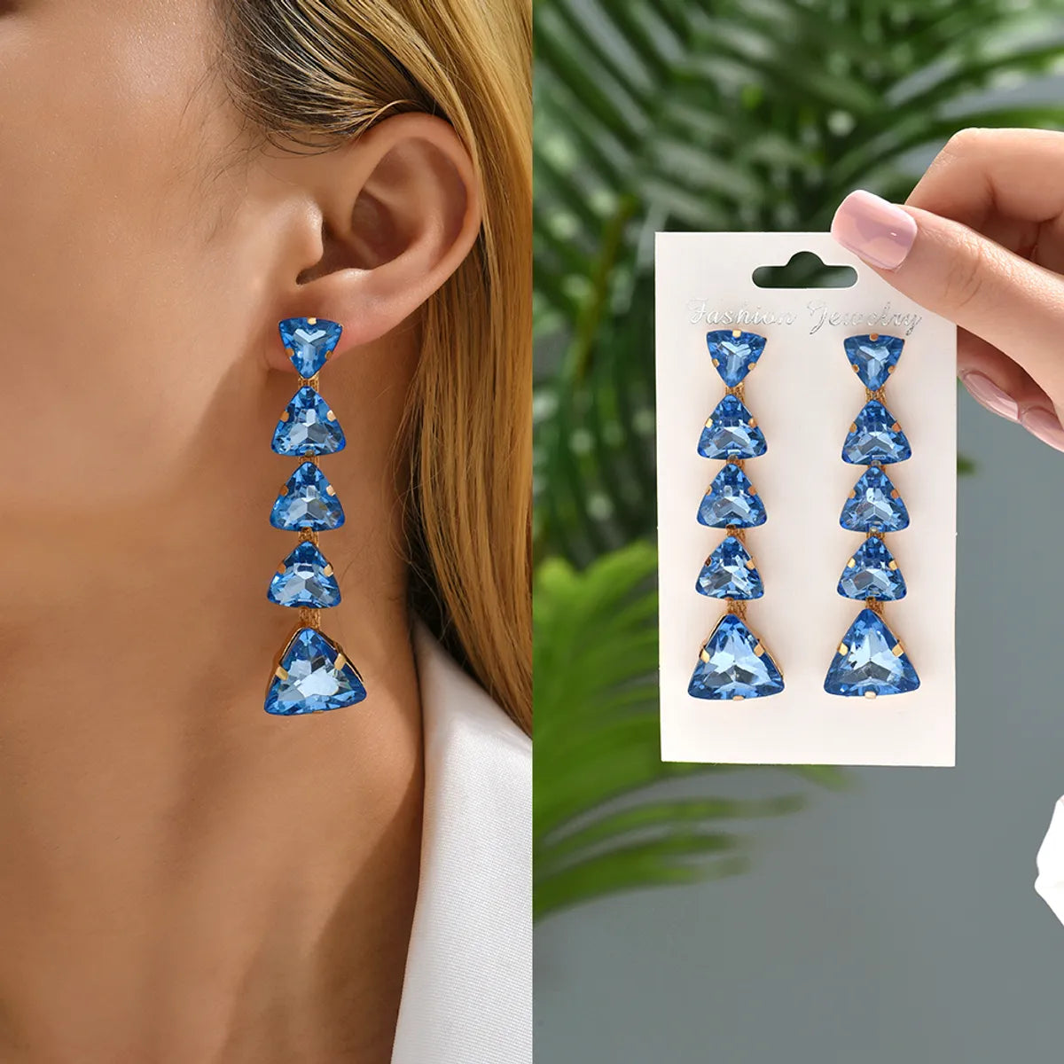 1 Pair Lady Triangle Rhinestone Tassel Women's Drop Earrings