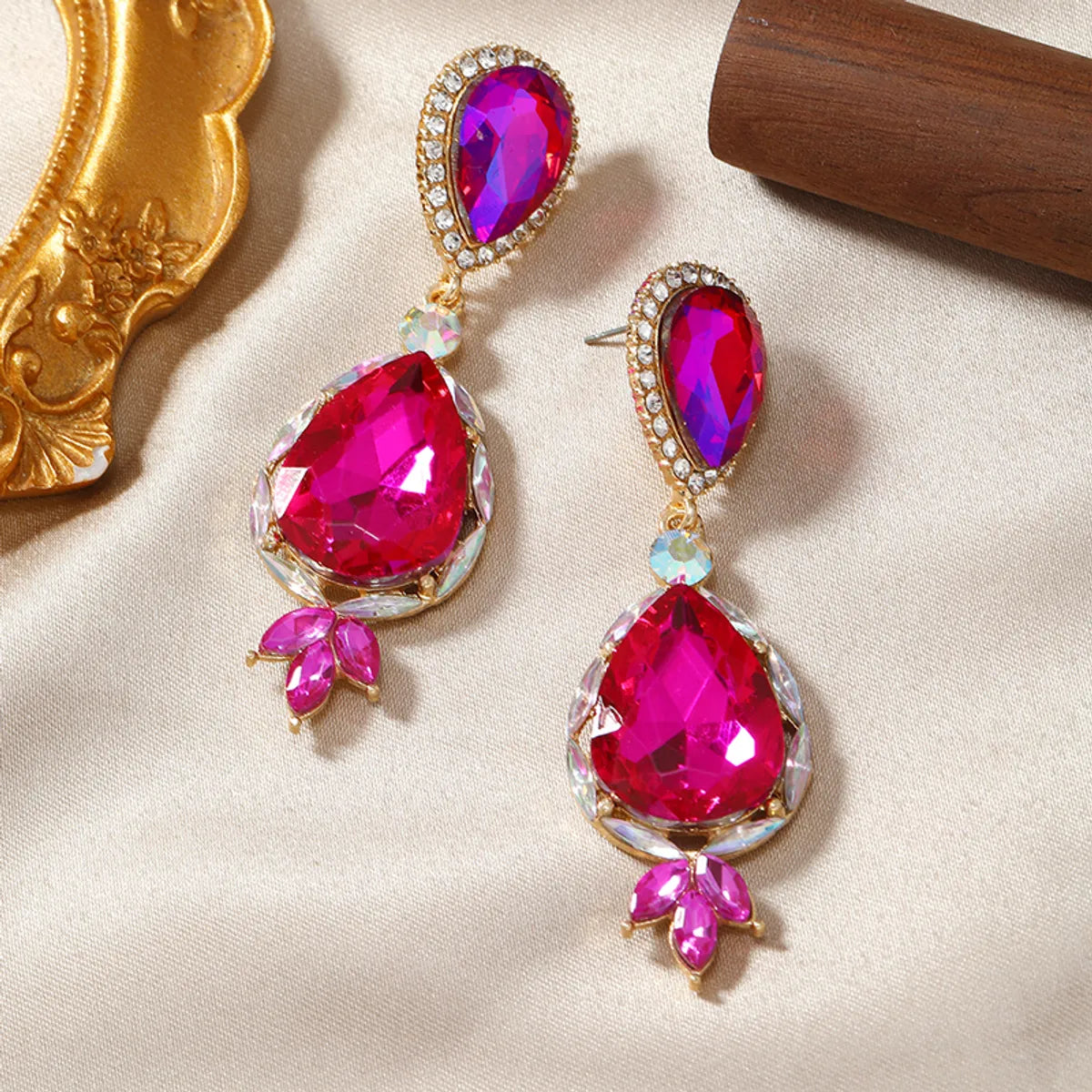 1 Pair Lady Water Droplets Plating Inlay Alloy Rhinestones Gold Plated Drop Earrings