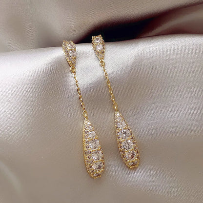 1 Pair Lady Water Droplets Tassel Plating Inlay Alloy Rhinestones Gold Plated Drop Earrings