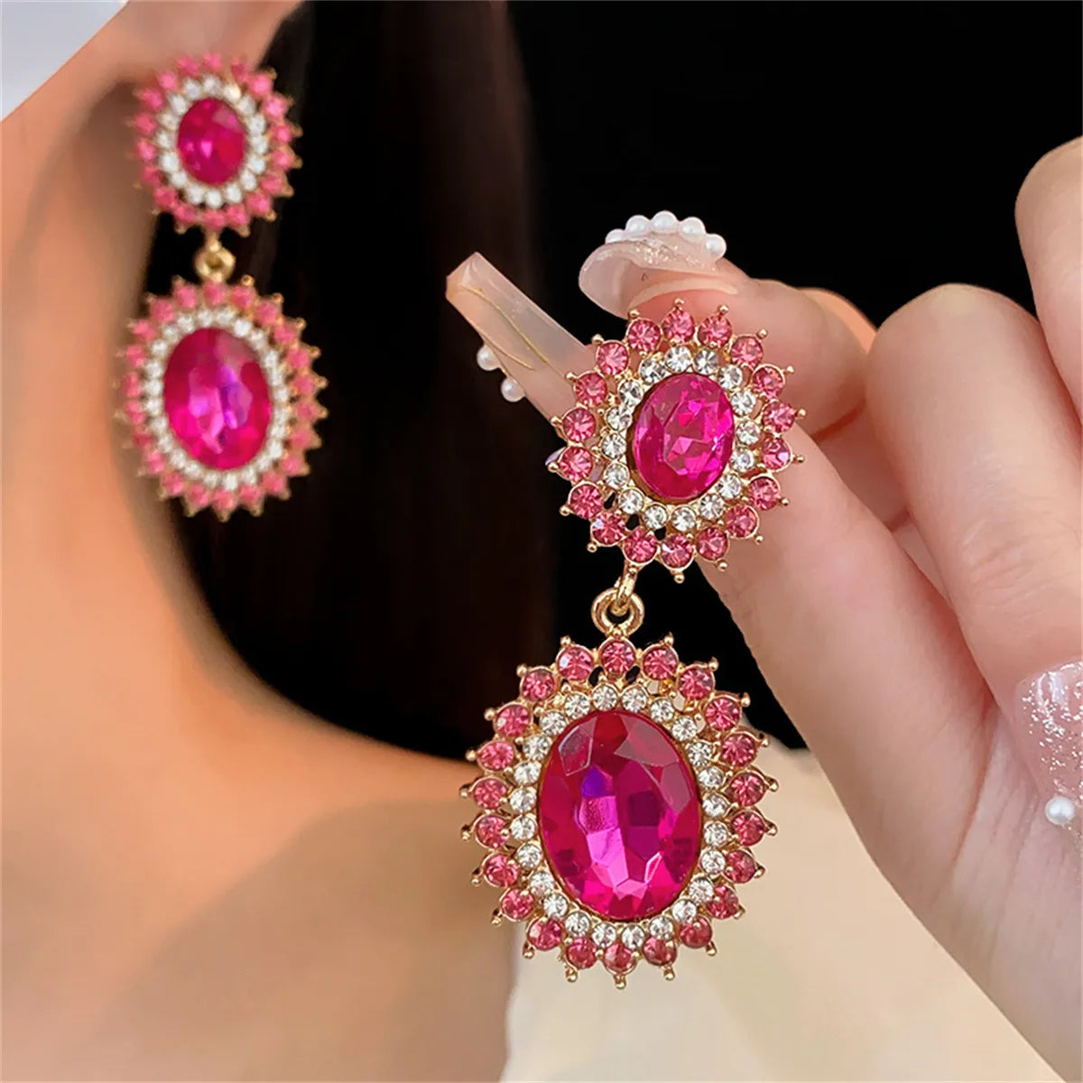 1 Pair Luxurious Bridal Oval Plating Inlay Alloy Rhinestones Drop Earrings