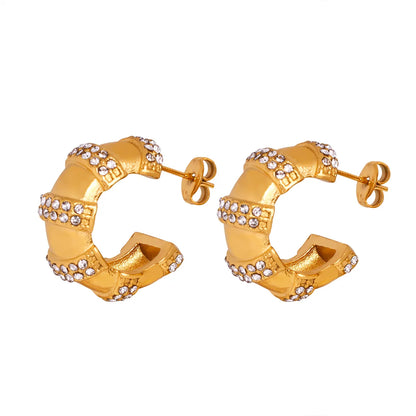 1 Pair Luxurious C Shape Plating Inlay Titanium Steel Rhinestones 18k Gold Plated Ear Studs