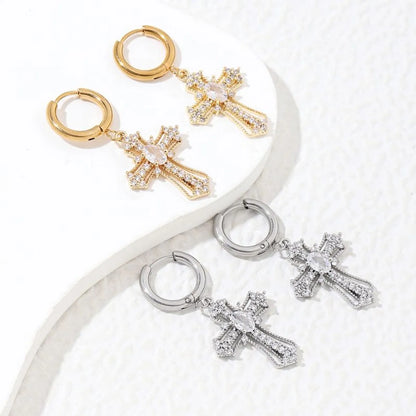 1 Pair Luxurious Cross Plating Inlay Stainless Steel Copper Artificial Rhinestones Zircon 18k Gold Plated White Gold Plated Drop Earrings