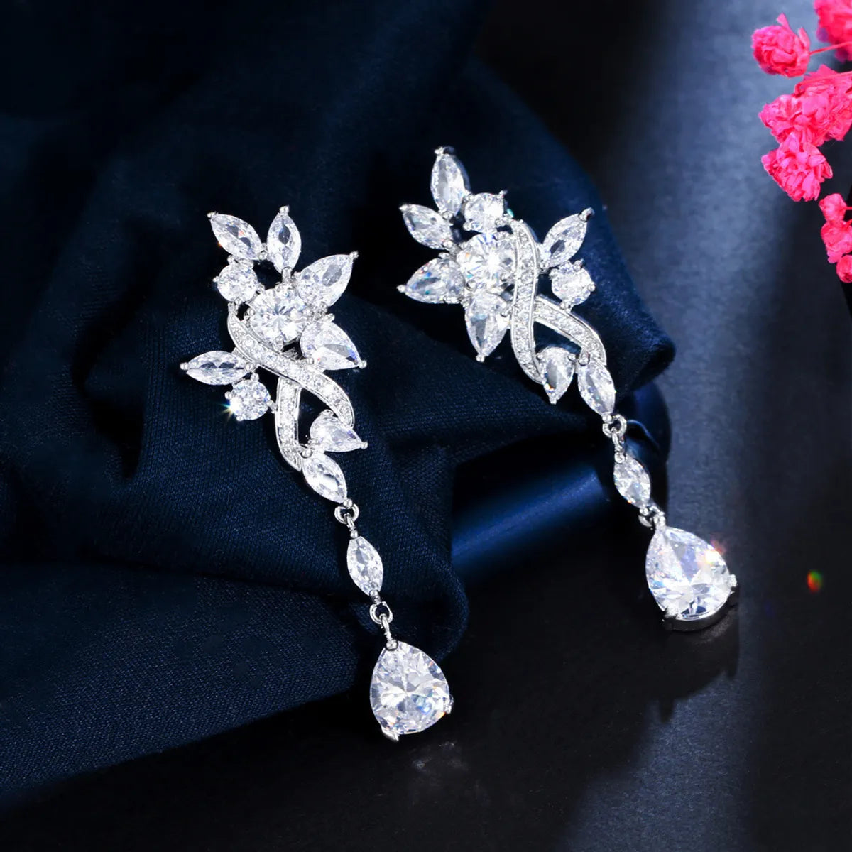 1 Pair Luxurious Geometric Water Droplets Plating Inlay Copper Zircon Rhodium Plated Silver Plated Drop Earrings