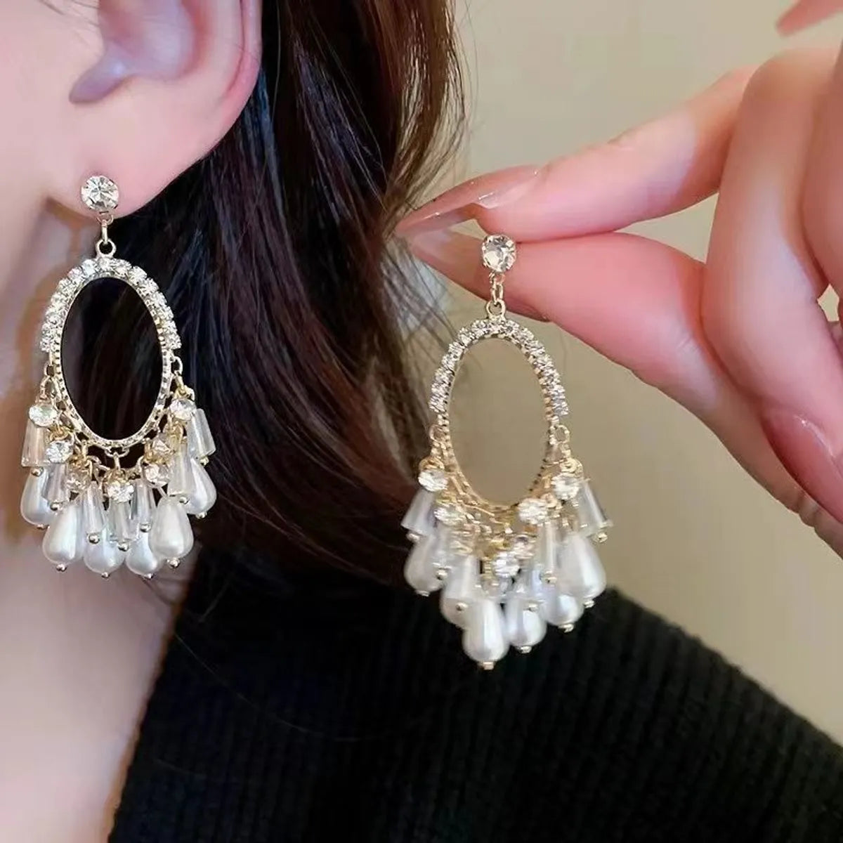 1 Pair Luxurious Oval Tassel Plating Inlay Alloy Artificial Pearls Rhinestones Drop Earrings