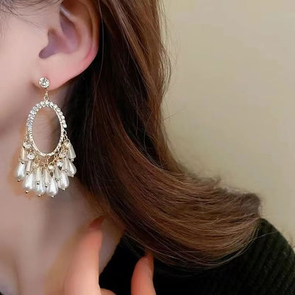 1 Pair Luxurious Oval Tassel Plating Inlay Alloy Artificial Pearls Rhinestones Drop Earrings