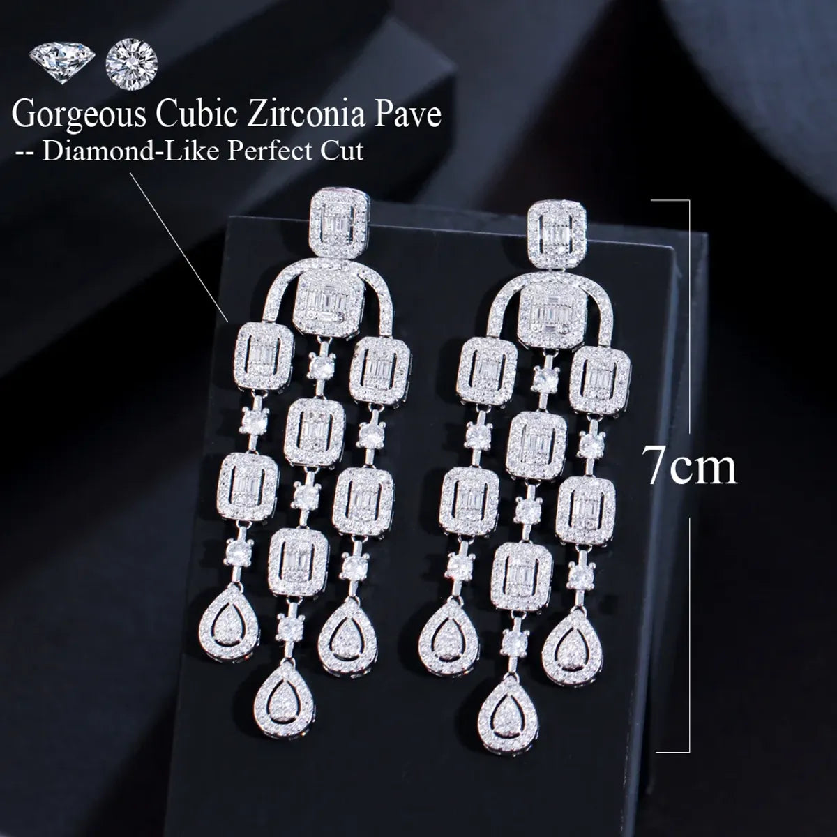 1 Pair Luxurious Shiny Round Square Water Droplets Tassel Plating Inlay Copper Zircon Rhodium Plated Silver Plated Drop Earrings