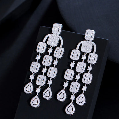 1 Pair Luxurious Shiny Round Square Water Droplets Tassel Plating Inlay Copper Zircon Rhodium Plated Silver Plated Drop Earrings