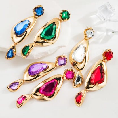 1 Pair Luxurious Simple Style Irregular Inlay Alloy Glass Drill Gold Plated Drop Earrings