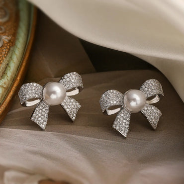 1 Pair Luxurious Sweet Bow Knot Inlay Copper Rhinestones Ear Studs