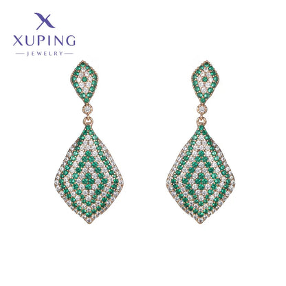 1 Pair Luxurious XUPING Shiny Rhombus Inlay Copper Artificial Gemstones 18K Gold Plated Drop Earrings